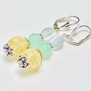 Soft Yellow Quartz Crystal Mint Green Agate Stone & Gray Cat’s Eye Earrings